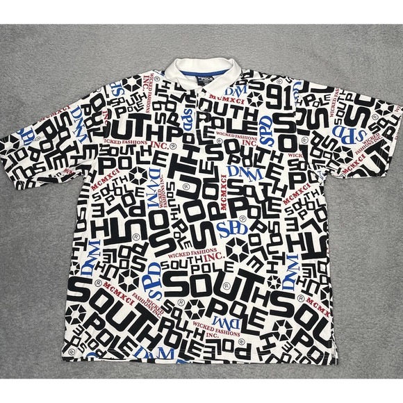 South Pole Other - South Pole Mens 2XL White All Over Print‎ SPD Wicked Fashion MCMXCI Polo Shirt